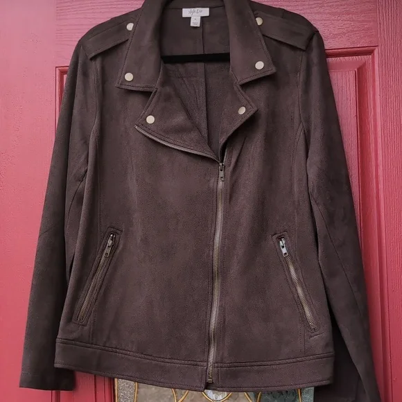 Macy's Style & Co. Faux Suede Women's Moto Jacket - Chocolate Brown - Picture 2 of 7